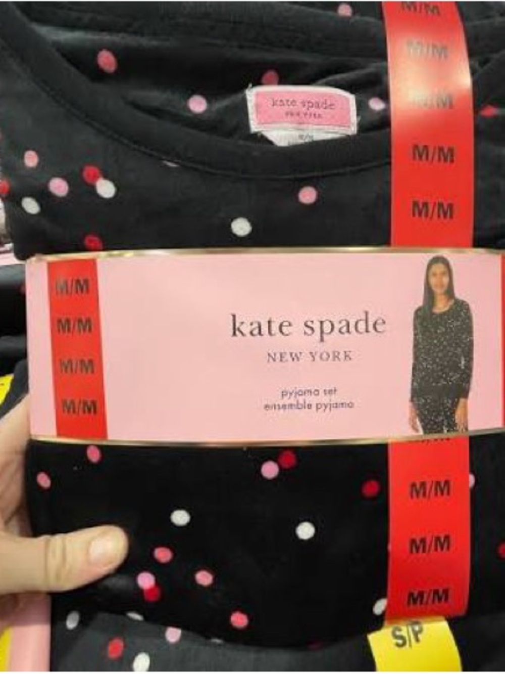 kate spade Black Pajama Set with Pink, Red & White Polka Dots